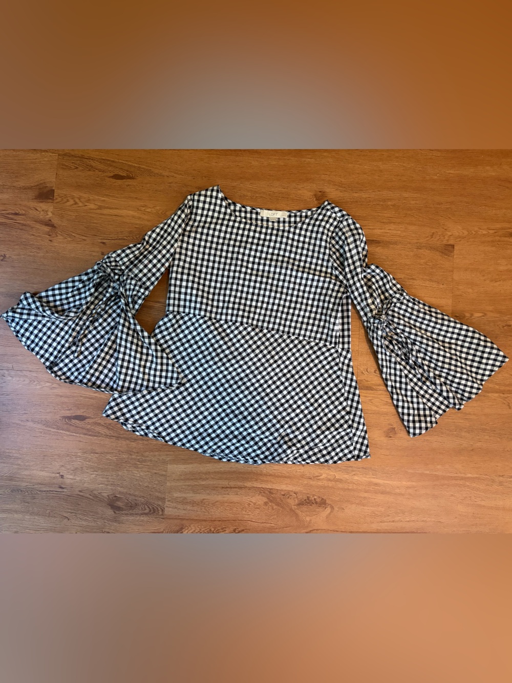 LOFT Black and White Gingham Bell Sleeve Cotton Top